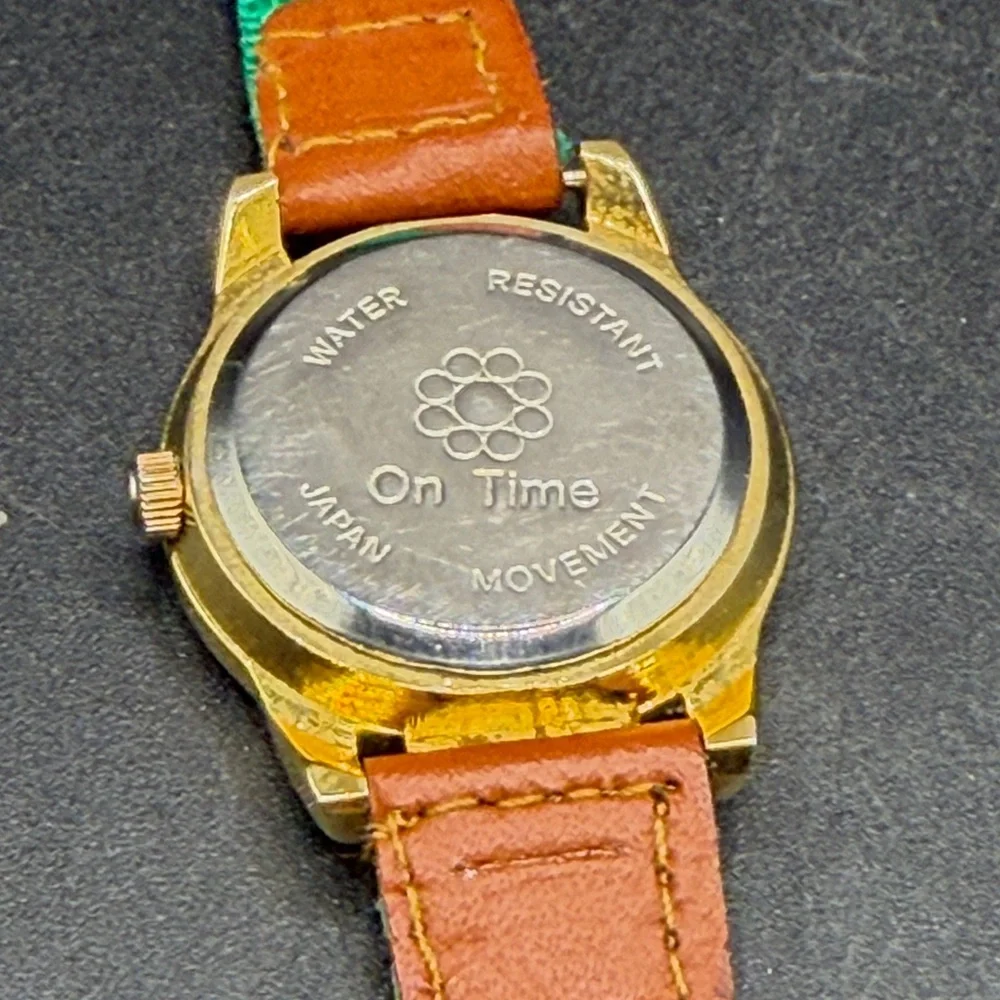 Vintage On Time Goldtone Pinnochio & Dog Watch Green Fabric Band Untested